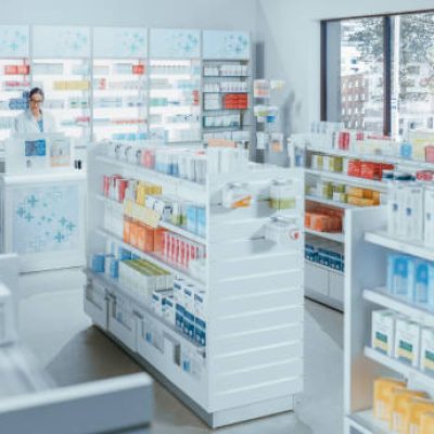 Modern Pharmacy Drugstore with Shelves full of Packages Full of Modern Medicine, Drugs, Vitamin Boxes, Supplements. In Background Professional Pharmacist Working at Checkout Counter.